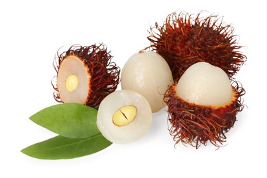 Delicious ripe rambutans and green leaves isolated on white. Exotic fruit