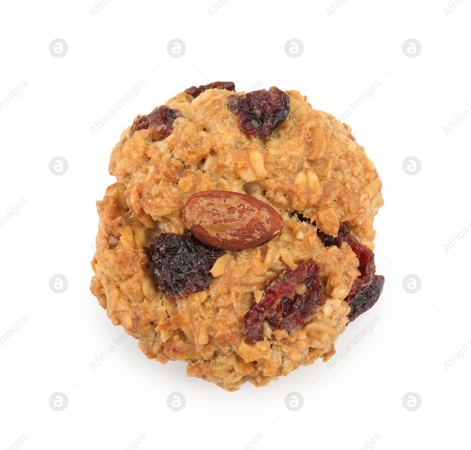 Photo of One delicious oatmeal cookie with dried cranberries and nuts isolated on white, top view