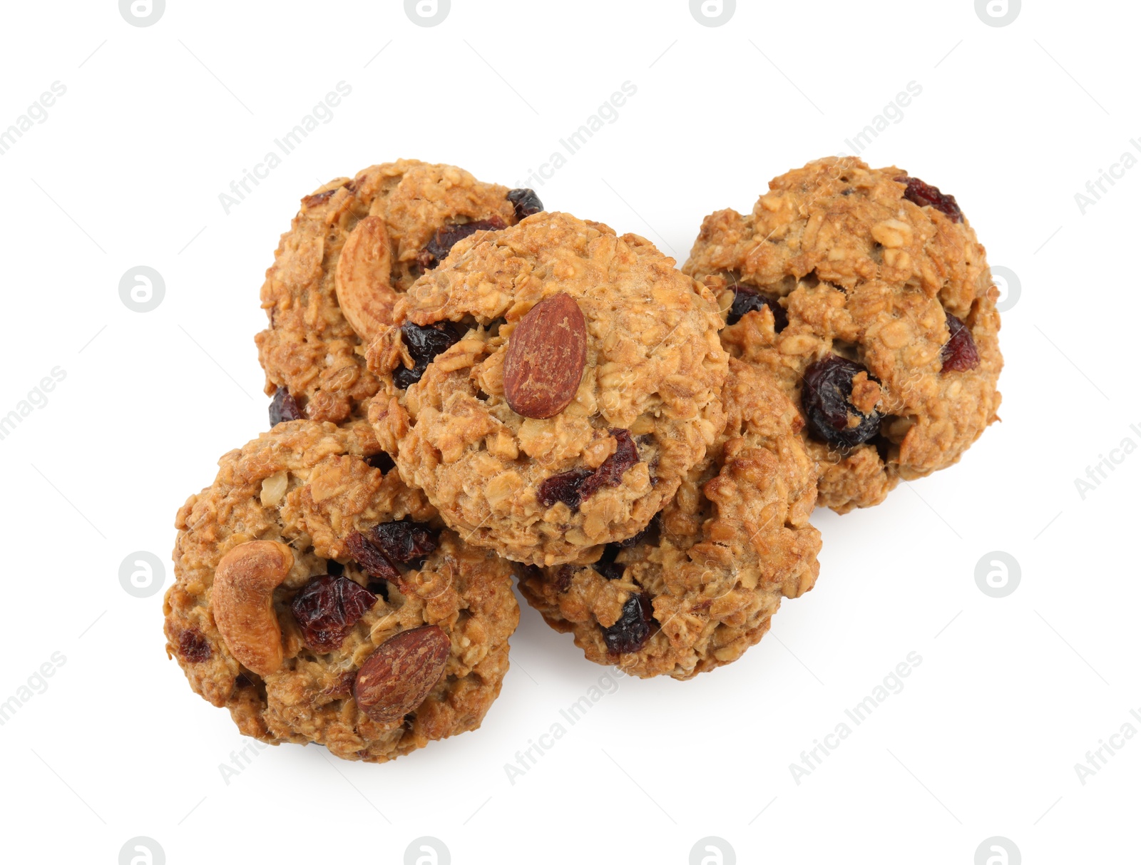 Photo of Delicious oatmeal cookies with dried cranberries and nuts isolated on white, top view