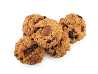 Photo of Delicious oatmeal cookies with dried cranberries and nuts isolated on white, top view