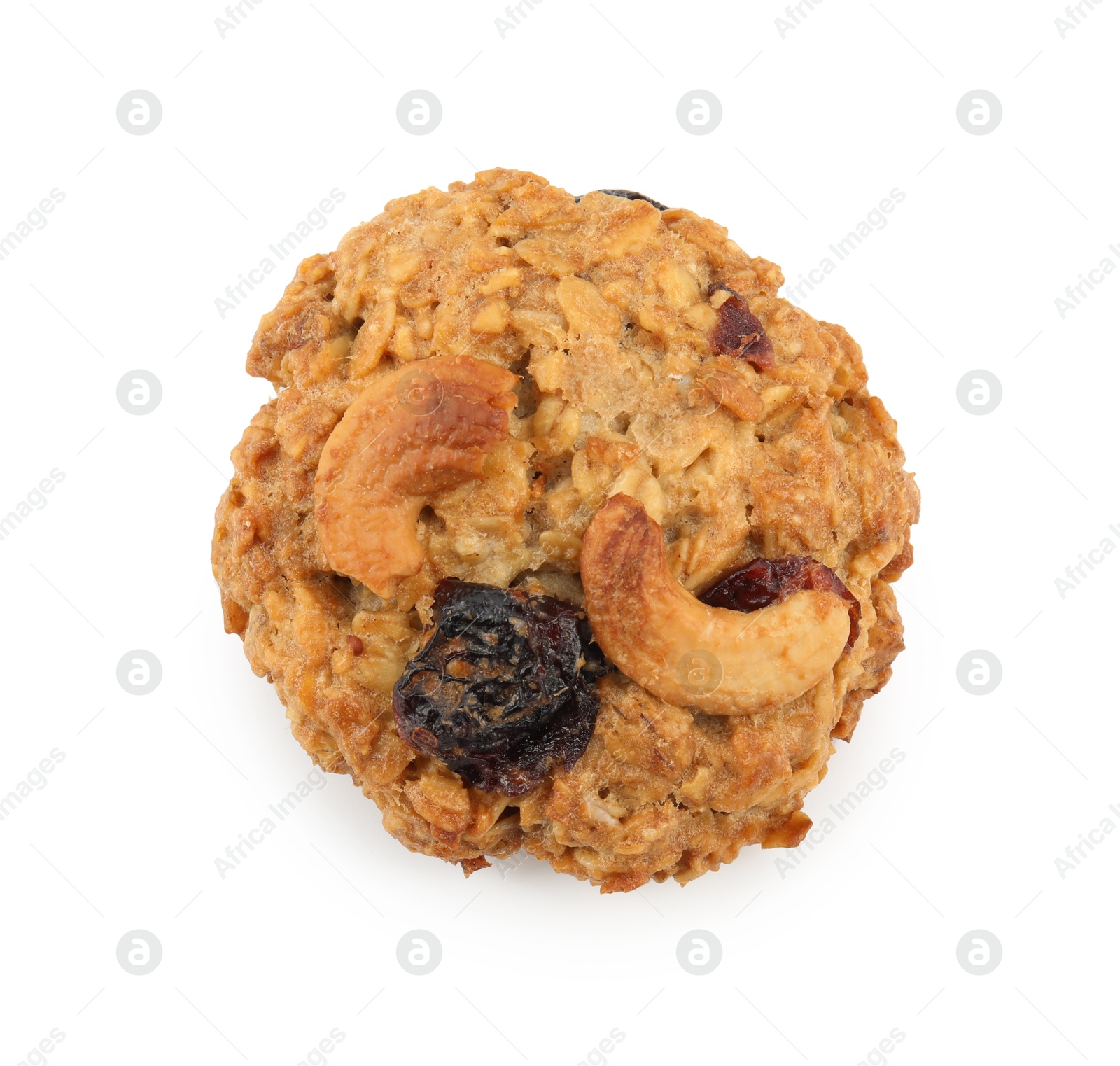 Photo of One delicious oatmeal cookie with dried cranberries and nuts isolated on white, top view