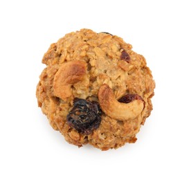 Photo of One delicious oatmeal cookie with dried cranberries and nuts isolated on white, top view