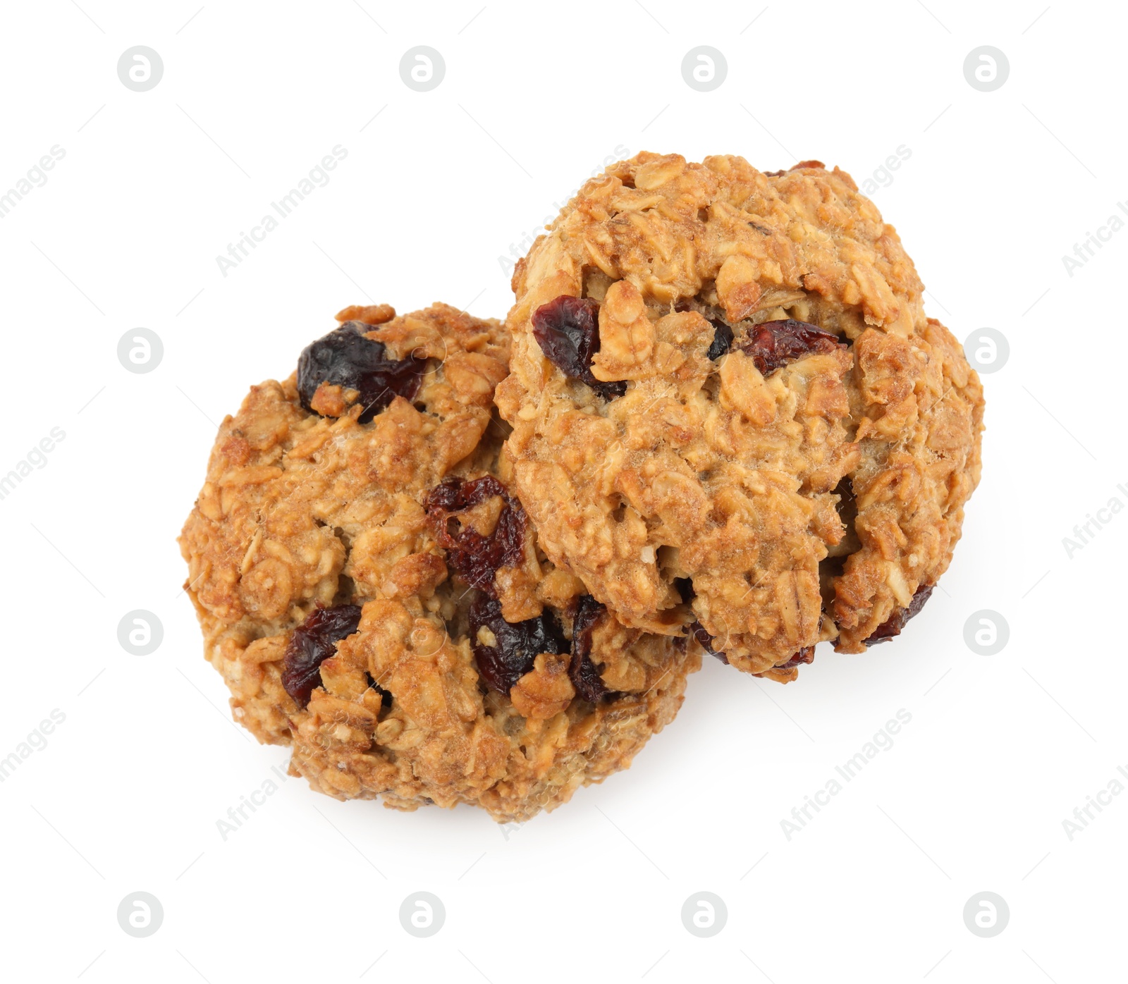 Photo of Delicious oatmeal cookies with dried cranberries and nuts isolated on white, top view