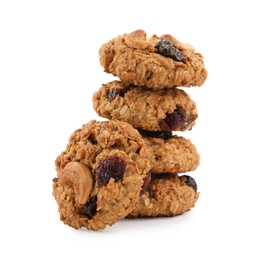 Delicious oatmeal cookies with dried cranberries and nuts isolated on white