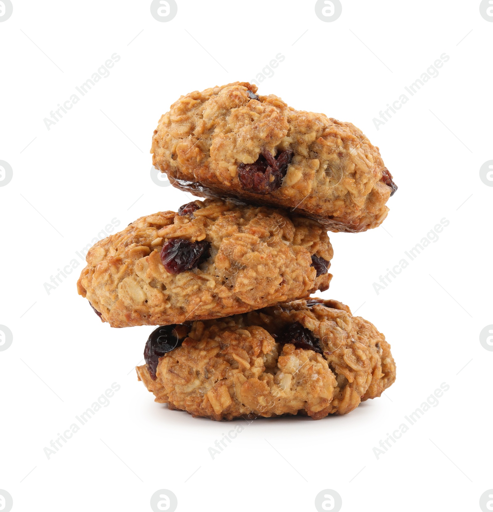 Photo of Stack of delicious oatmeal cookies with dried cranberries and nuts isolated on white