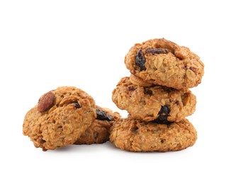 Photo of Delicious oatmeal cookies with dried cranberries and nuts isolated on white