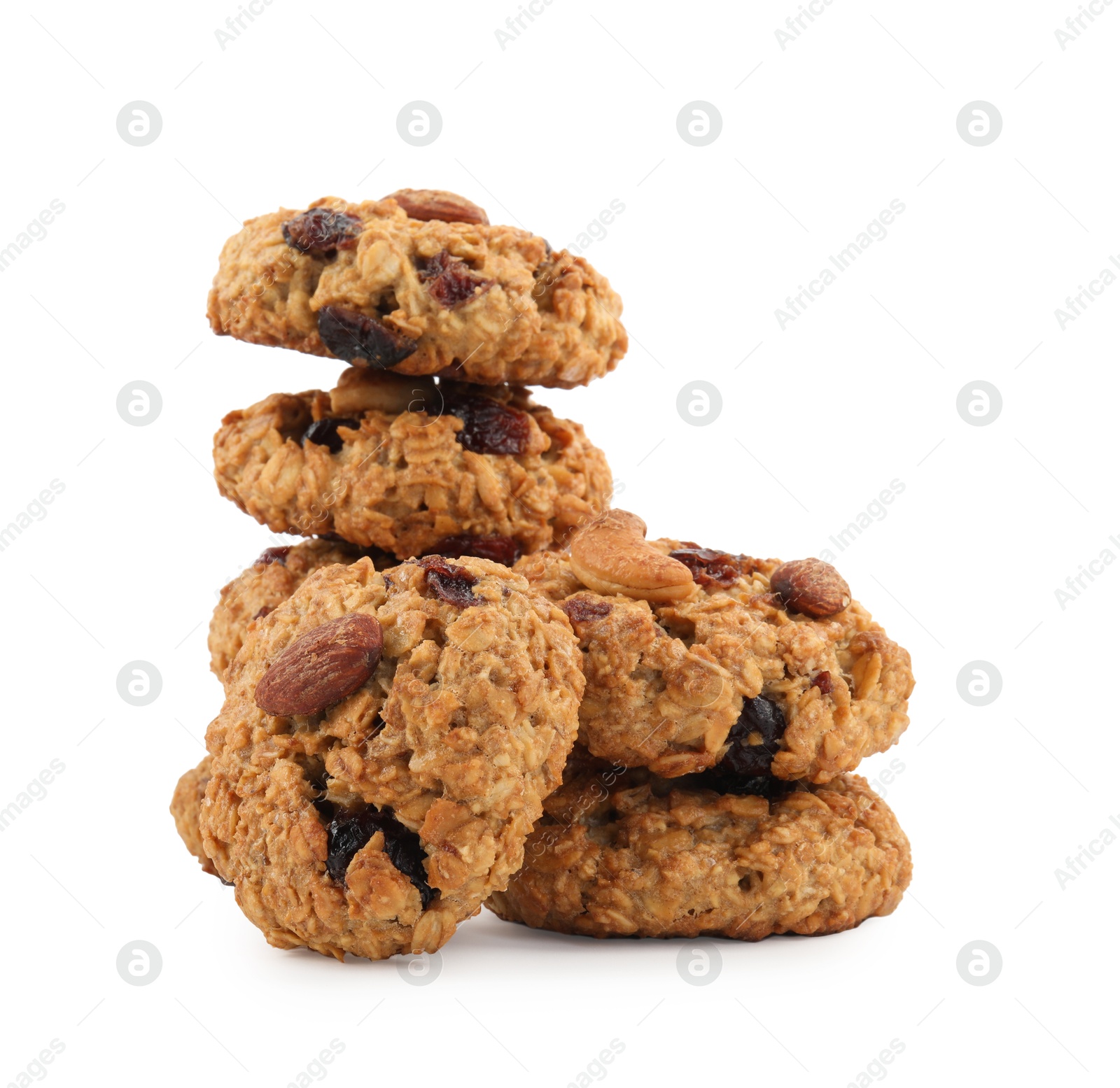 Photo of Delicious oatmeal cookies with dried cranberries and nuts isolated on white