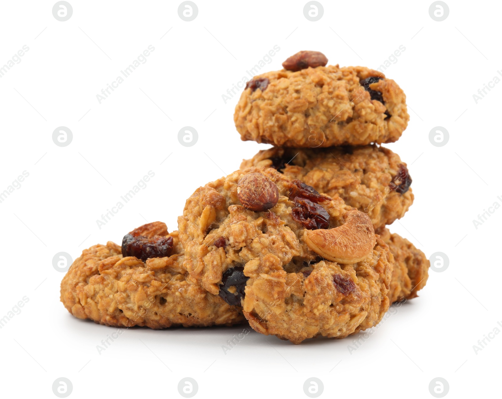 Photo of Delicious oatmeal cookies with dried cranberries and nuts isolated on white