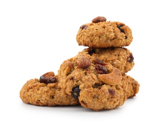 Photo of Delicious oatmeal cookies with dried cranberries and nuts isolated on white