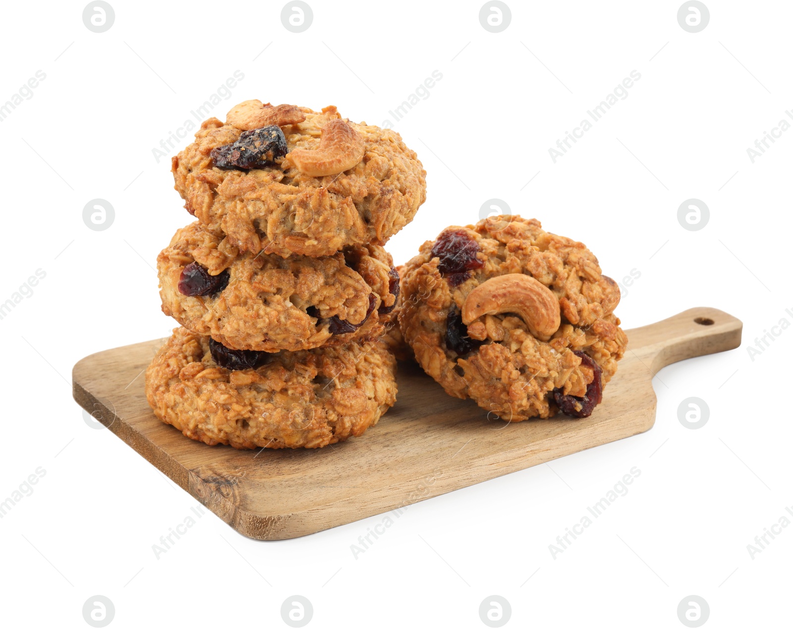 Photo of Delicious oatmeal cookies with dried cranberries and nuts isolated on white