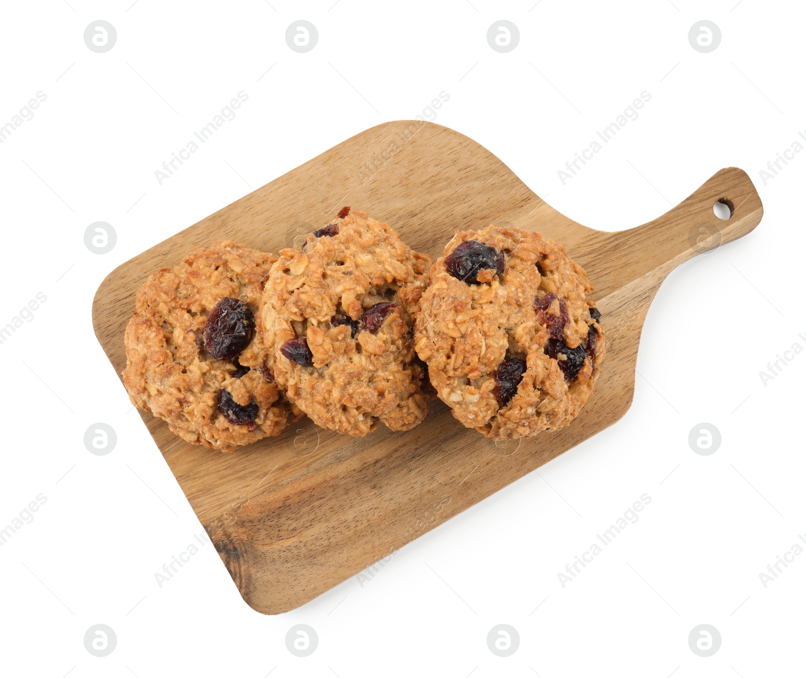 Photo of Delicious oatmeal cookies with dried cranberries and nuts isolated on white, top view