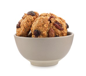 Photo of Delicious oatmeal cookies with dried cranberries and nuts in bowl isolated on white