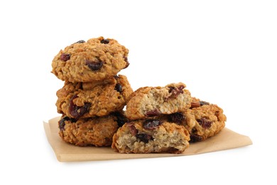 Photo of Delicious oatmeal cookies with dried cranberries and nuts isolated on white