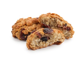 Delicious oatmeal cookies with dried cranberries and nuts isolated on white