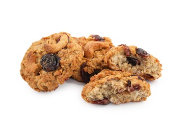 Photo of Delicious oatmeal cookies with dried cranberries and nuts isolated on white