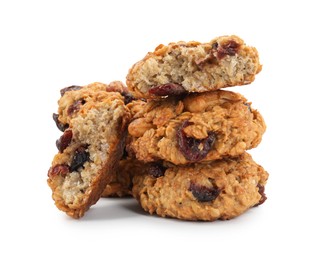 Photo of Delicious oatmeal cookies with dried cranberries and nuts isolated on white