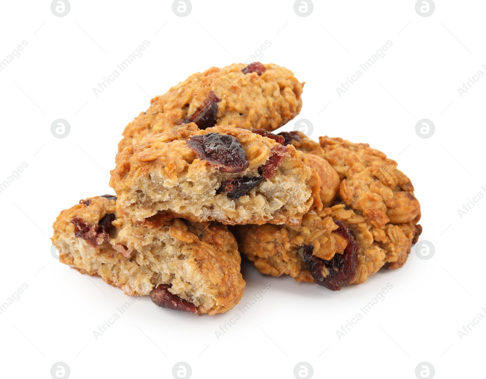 Photo of Delicious oatmeal cookies with dried cranberries and nuts isolated on white