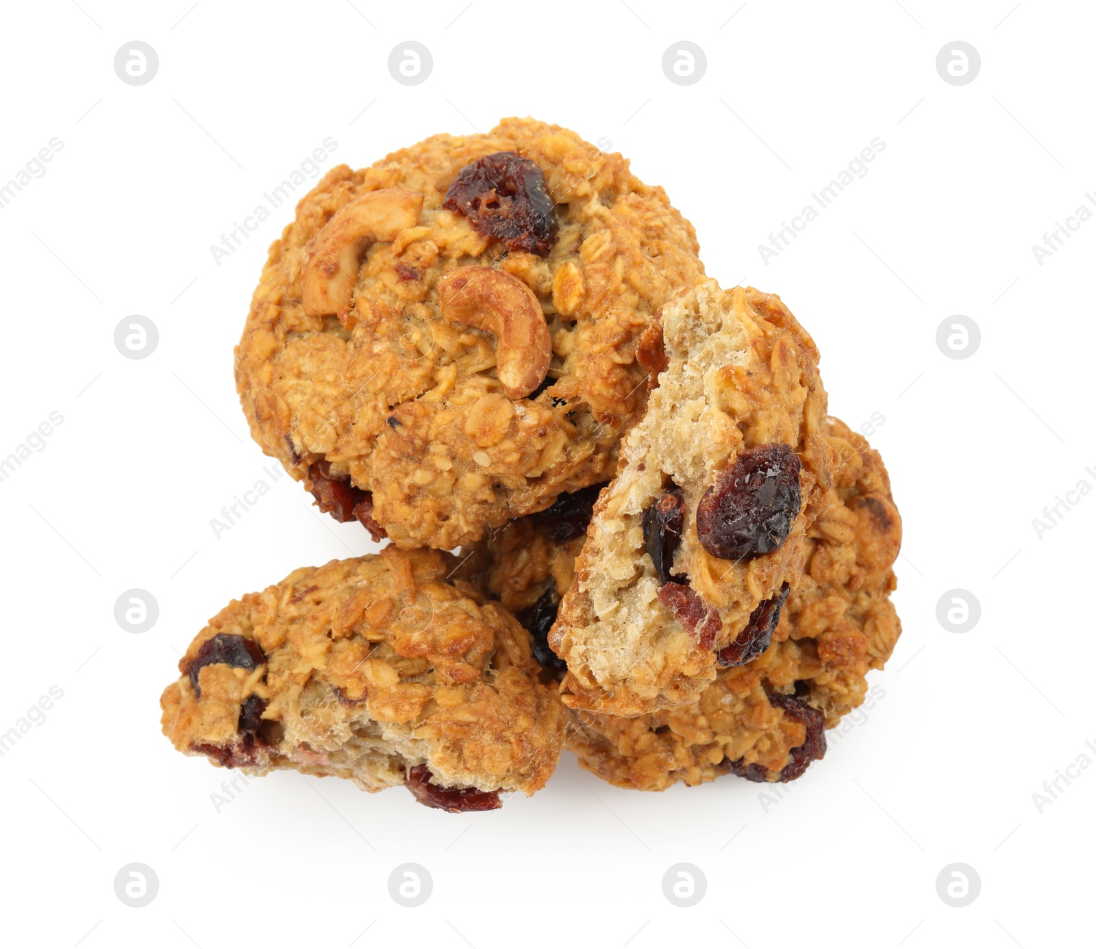 Photo of Delicious oatmeal cookies with dried cranberries and nuts isolated on white, top view