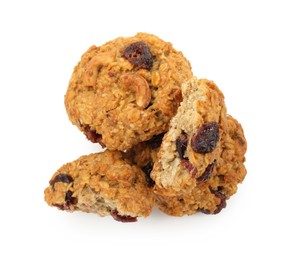 Photo of Delicious oatmeal cookies with dried cranberries and nuts isolated on white, top view