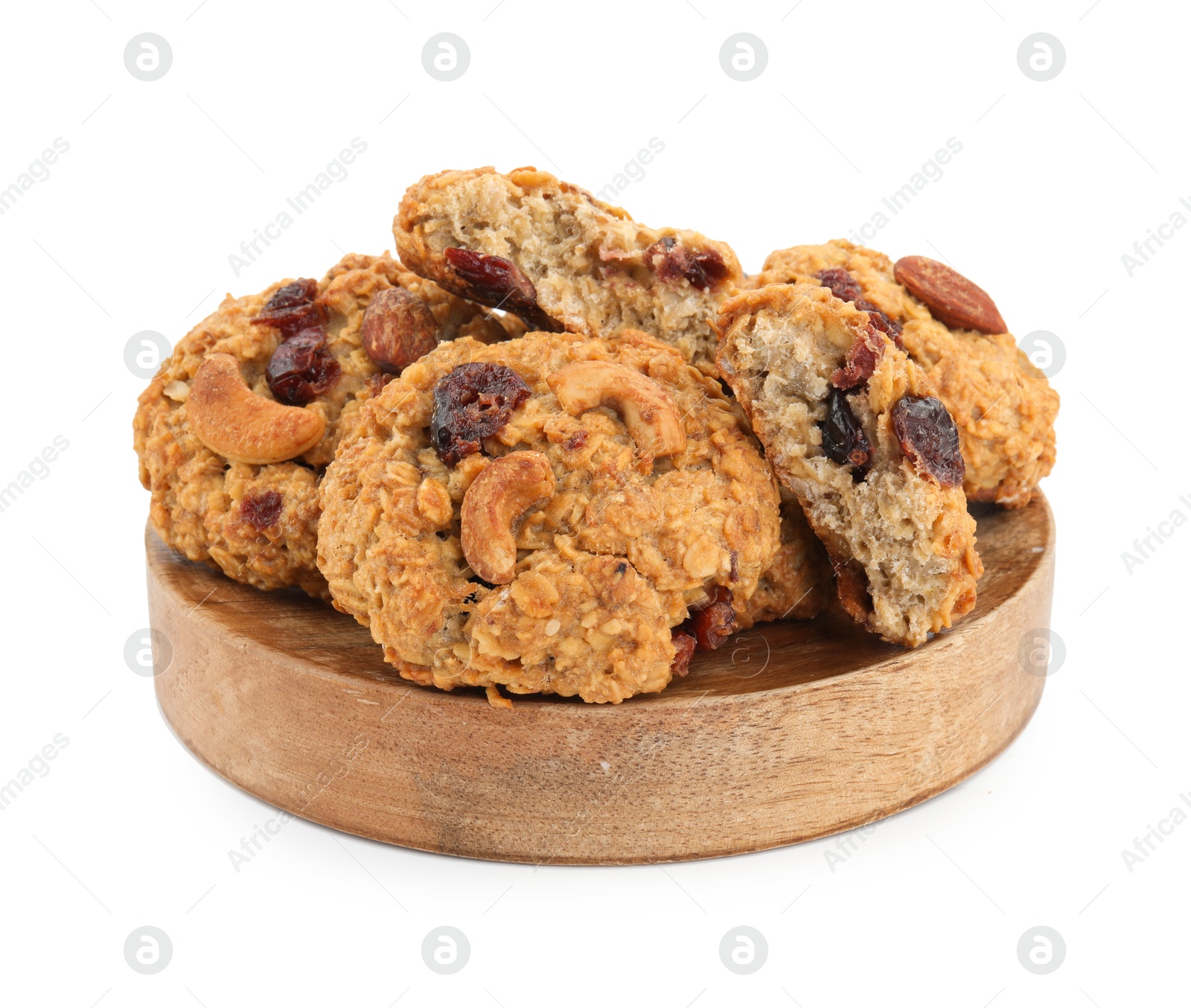 Photo of Delicious oatmeal cookies with dried cranberries and nuts isolated on white