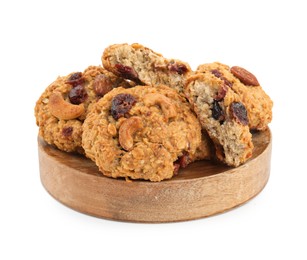 Photo of Delicious oatmeal cookies with dried cranberries and nuts isolated on white