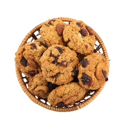 Photo of Delicious oatmeal cookies with dried cranberries and nuts in wicker basket isolated on white, top view