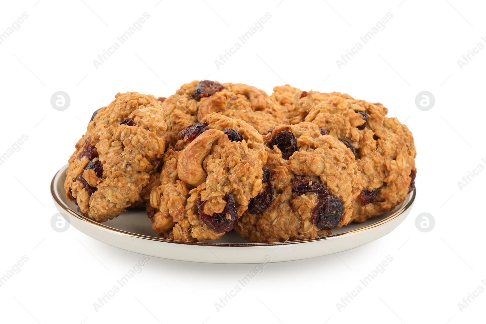 Photo of Delicious oatmeal cookies with dried cranberries and nuts isolated on white