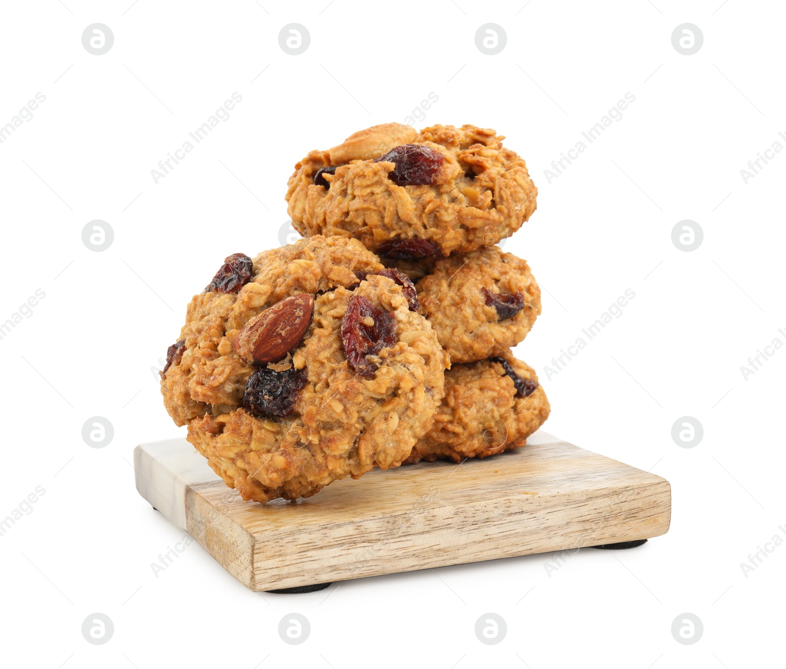 Photo of Delicious oatmeal cookies with dried cranberries and nuts isolated on white