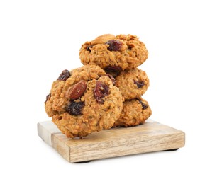 Delicious oatmeal cookies with dried cranberries and nuts isolated on white