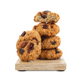 Photo of Delicious oatmeal cookies with dried cranberries and nuts isolated on white