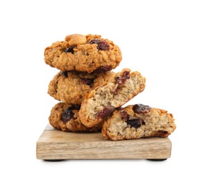 Photo of Delicious oatmeal cookies with dried cranberries and nuts isolated on white