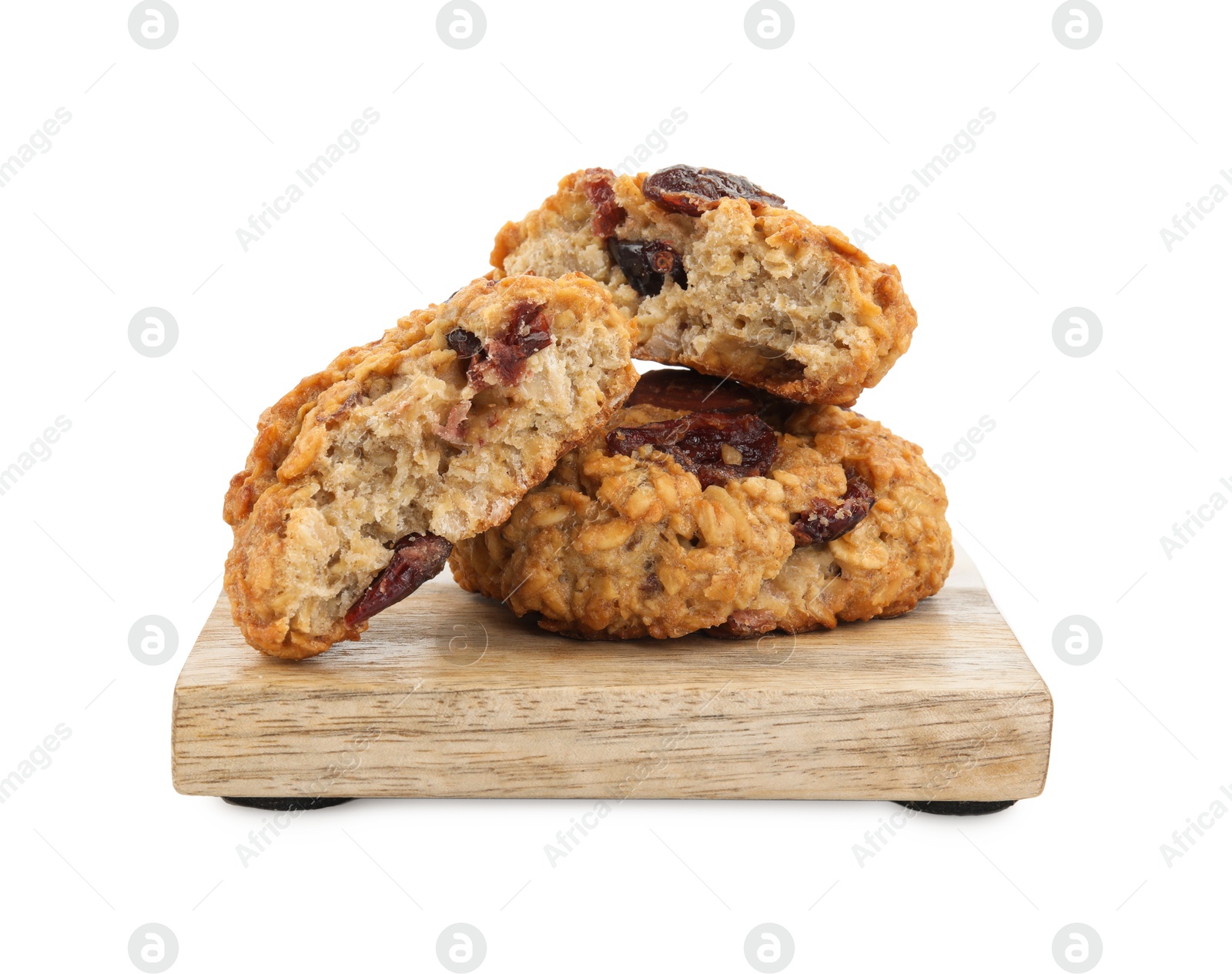 Photo of Delicious oatmeal cookies with dried cranberries and nuts isolated on white