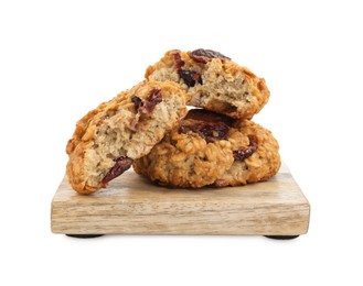 Delicious oatmeal cookies with dried cranberries and nuts isolated on white