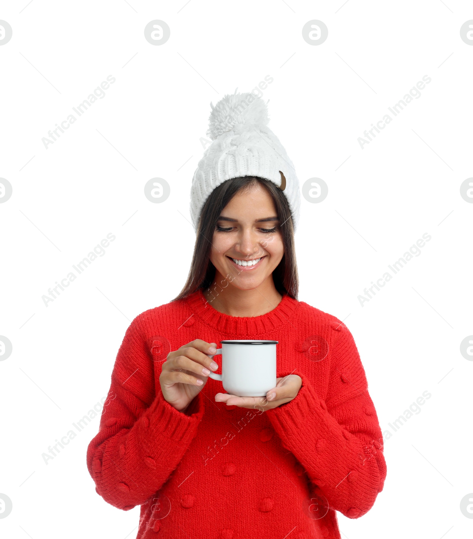 Photo of Happy beautiful woman with mug of mulled wine on white background