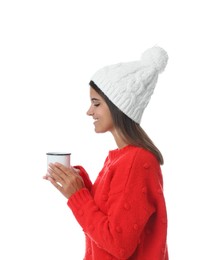 Photo of Happy beautiful woman with mug of mulled wine on white background