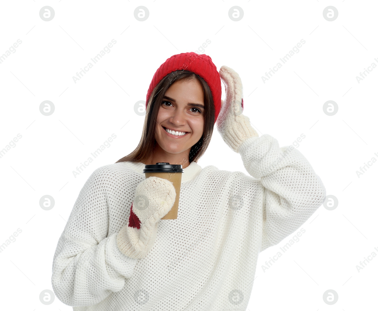 Photo of Happy beautiful woman with paper cup of mulled wine on white background