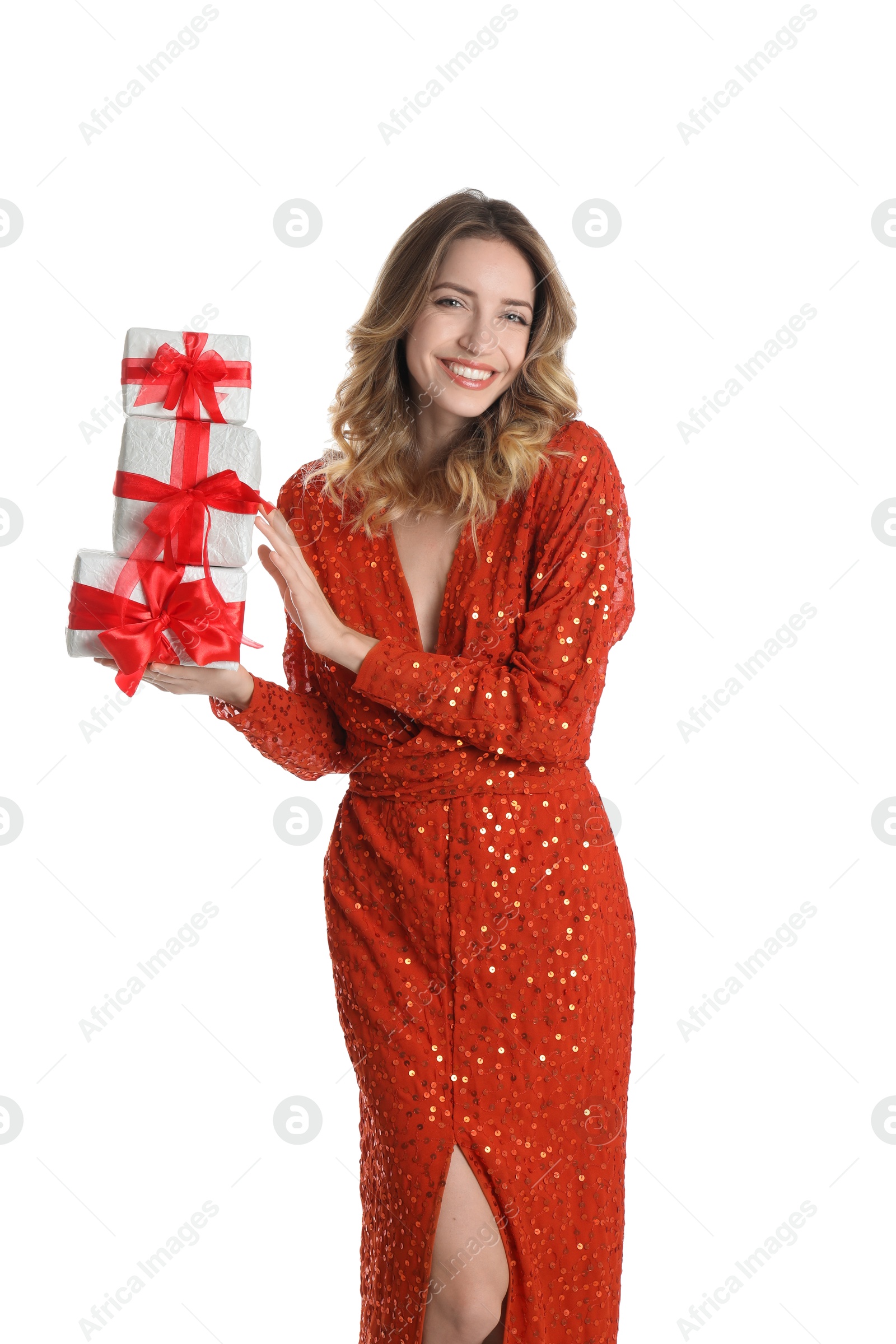 Photo of Beautiful young woman with Christmas presents on white background