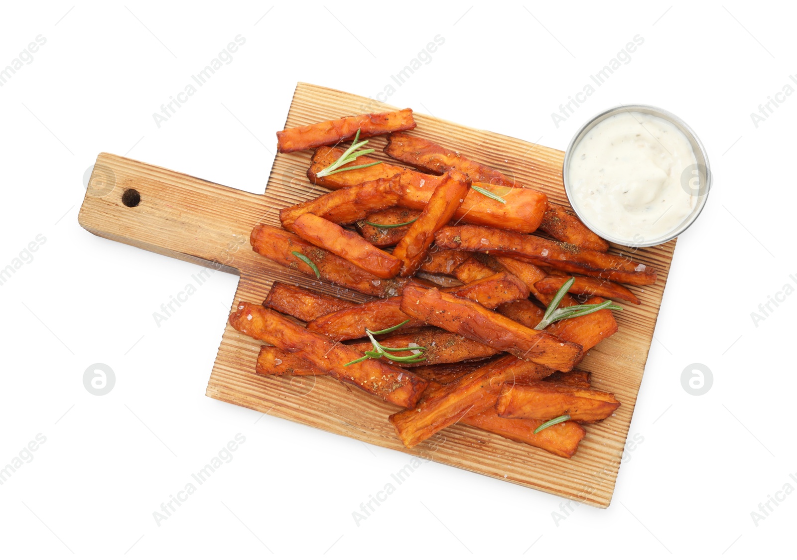 Photo of Delicious sweet potato fries with spices and sauce isolated on white, top view