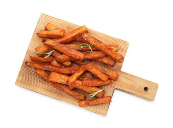 Photo of Delicious sweet potato fries with spices isolated on white, top view