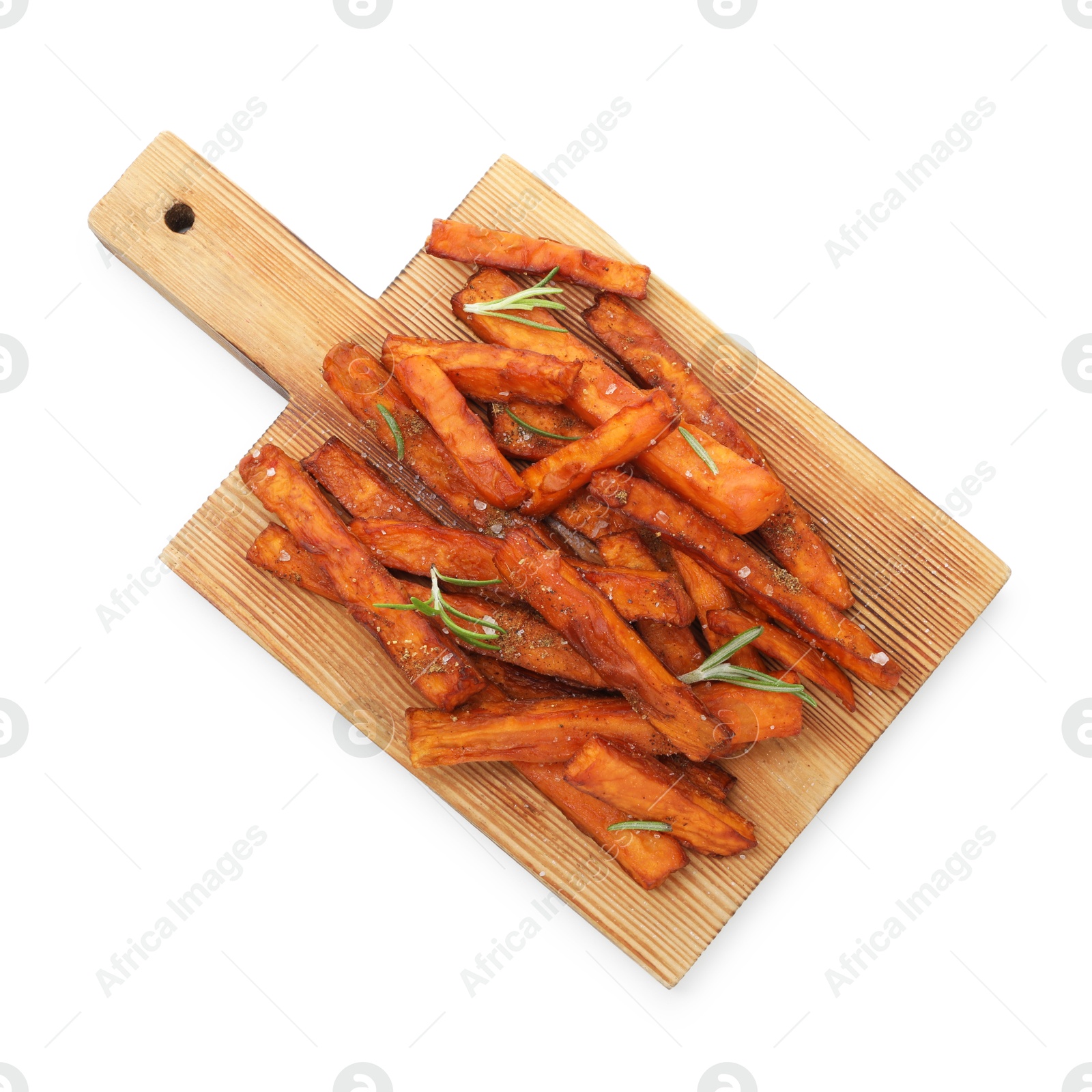 Photo of Delicious sweet potato fries with spices isolated on white, top view