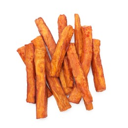 Photo of Delicious sweet potato fries isolated on white, top view