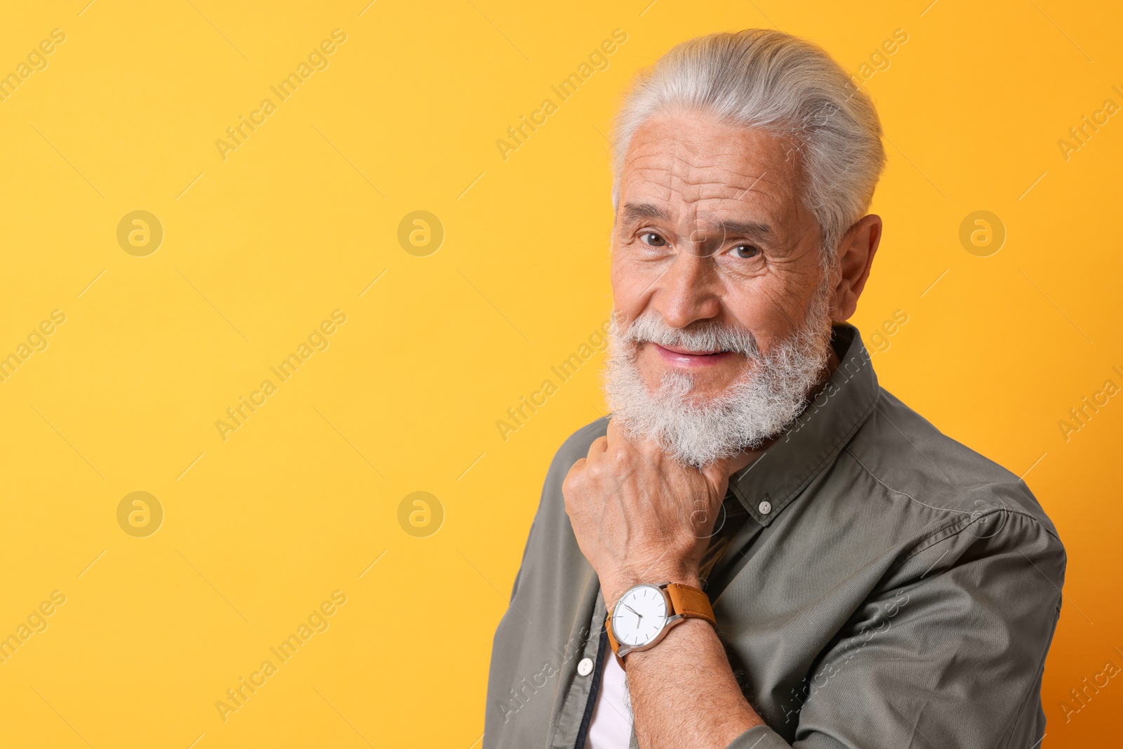 Photo of Portrait of senior man with gray beard on orange background. Space for text