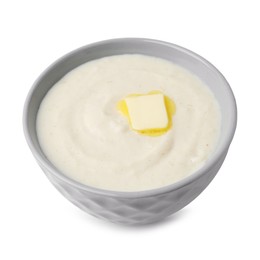 Photo of Tasty cooked semolina porridge with butter isolated on white