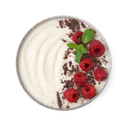 Photo of Tasty cooked semolina porridge with raspberries, chocolate and mint isolated on white, top view