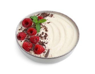 Photo of Tasty cooked semolina porridge with raspberries, chocolate and mint isolated on white