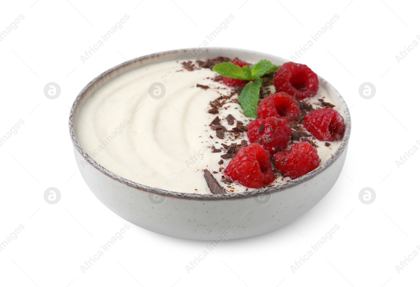 Photo of Tasty cooked semolina porridge with raspberries, chocolate and mint isolated on white