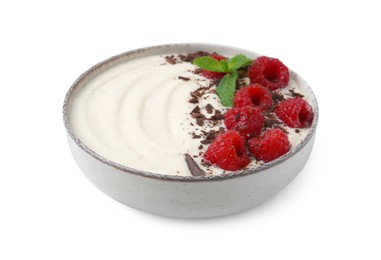 Photo of Tasty cooked semolina porridge with raspberries, chocolate and mint isolated on white