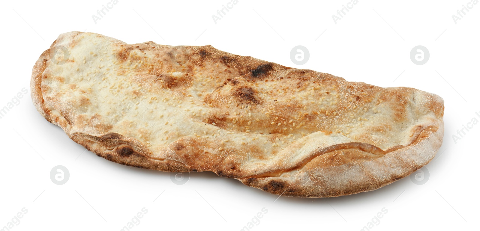 Photo of One delicious stuffed calzone isolated on white