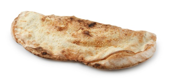 Photo of One delicious stuffed calzone isolated on white