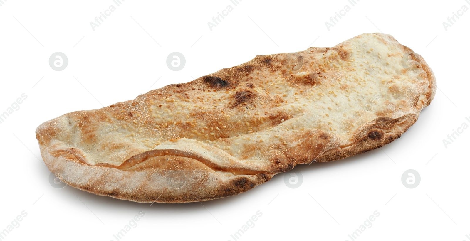 Photo of One delicious stuffed calzone isolated on white